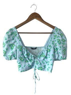 Zara Blue Foral Puff Sleeve Crop Top Shirt Ties Spring 100% Cotton Size Small